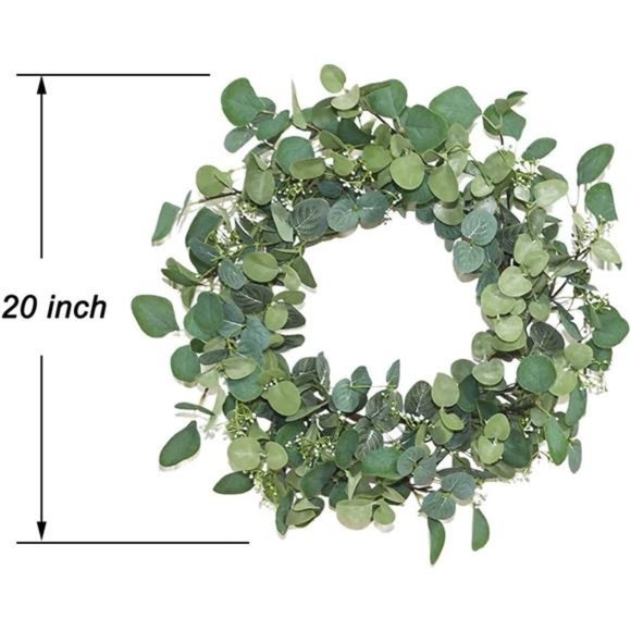 Artificial Eucalyptus Wreath -20" Fake Green Leaves Eucalyptus Wreath with Seeds - Picture 6 of 6